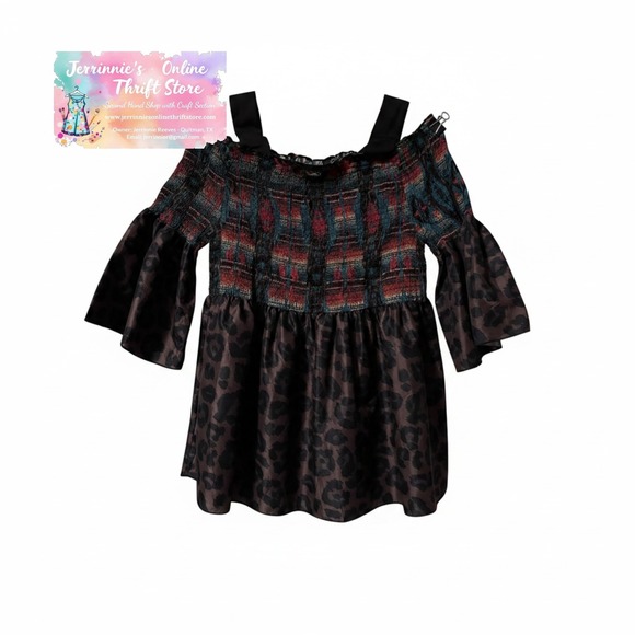 Crazy Train Tops - Crazy Train Womens 3XL Smocked Cold Shoulder Top Serape Leopard Mixed Print NWT